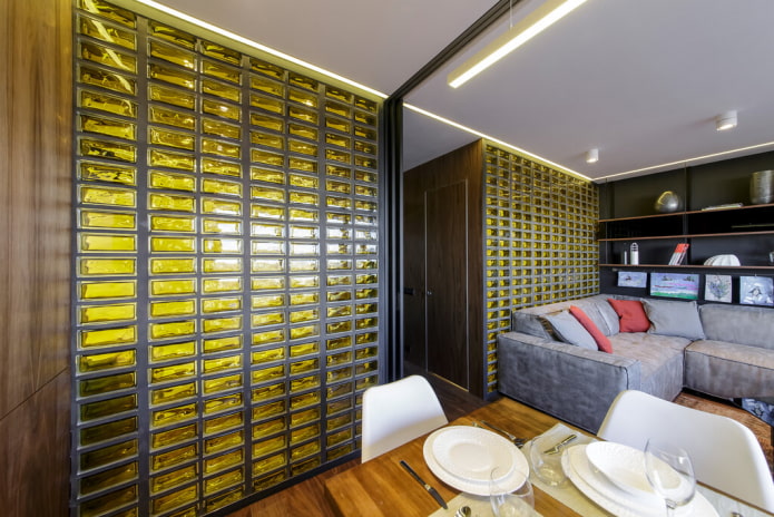 glass brick walls in the living room