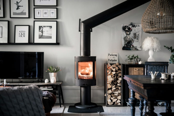 Potbelly stove in the scandi-living room