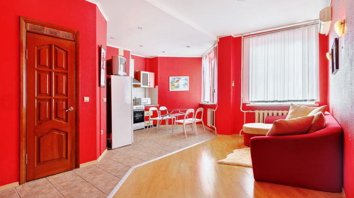 Red kitchen-living room