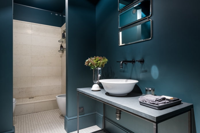Blue bathroom with tiles in the shower area