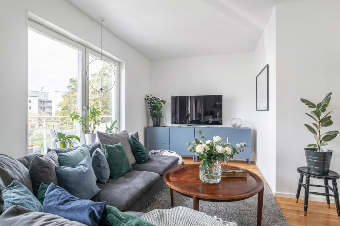 Wohnzimmer im skandinavischen Stil ohne Tüll