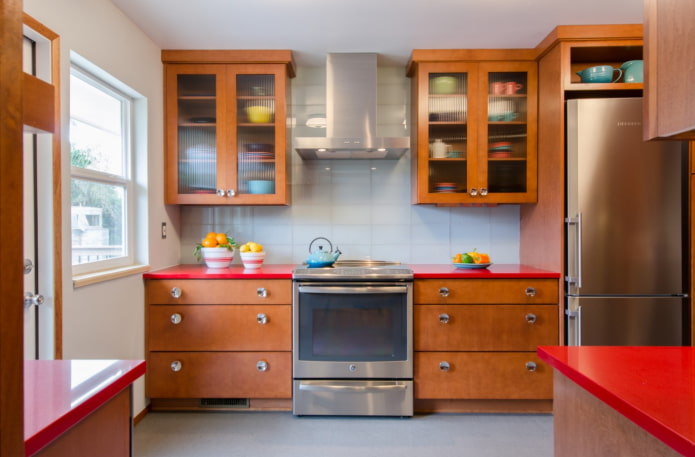 retro kitchen with wooden cabinets