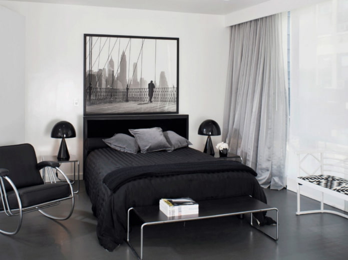 fekete-fehér hálószoba sötét padlóval