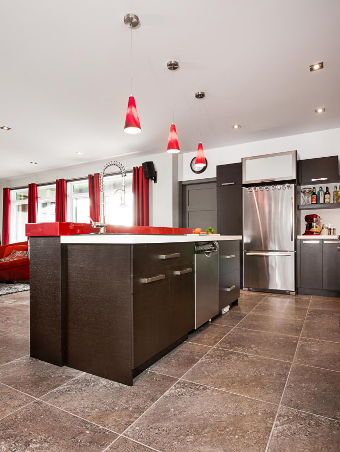 kitchen with red accents