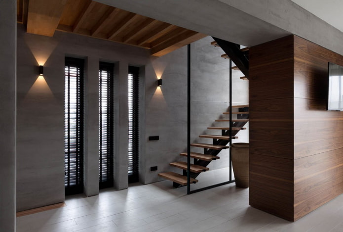 combination of wood and concrete in the interior