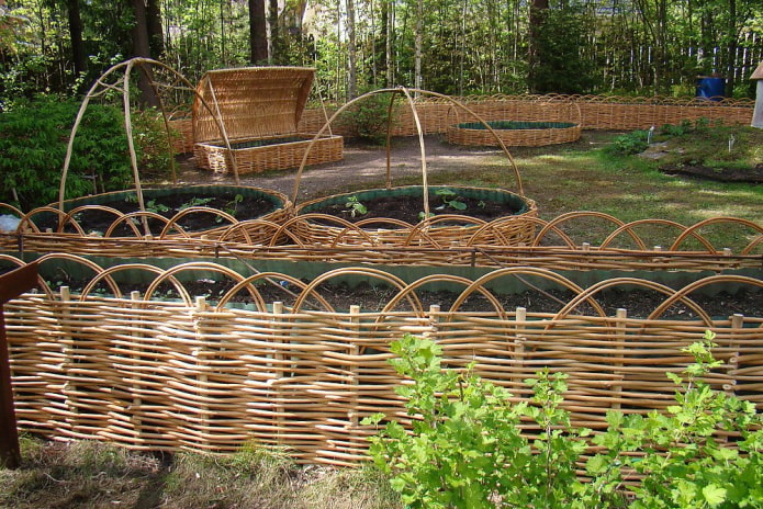 szőlőből készült virágágyások-kosarak és fonott kerítés