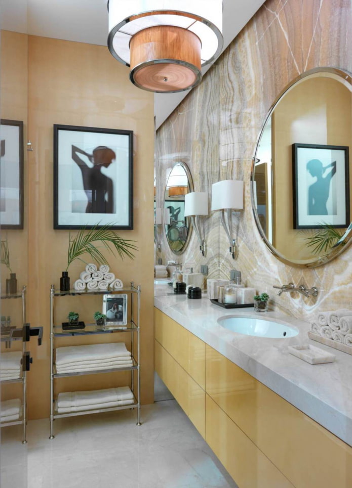 bathroom with light yellow glossy furniture