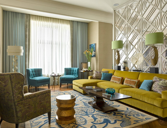 living room with yellow-green and turquoise accents