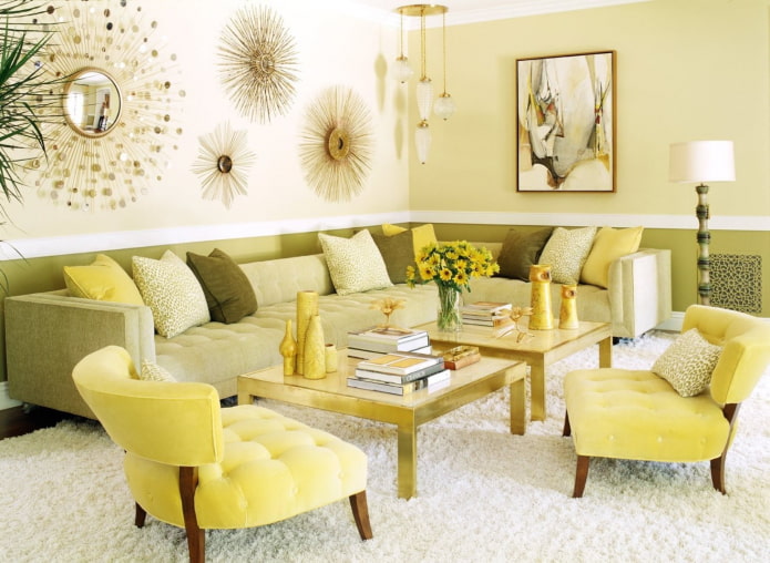living room in lemon and olive tones