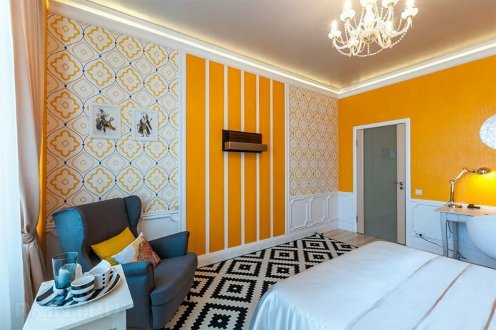 insert of bright yellow vertical stripes on the bedroom wall