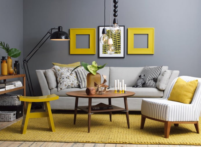 yellow accents in a gray and white living room