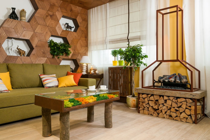 living room in eco-style with yellow and orange accents