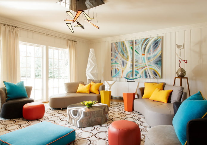 avant-garde living room with yellow, red and turquoise accents