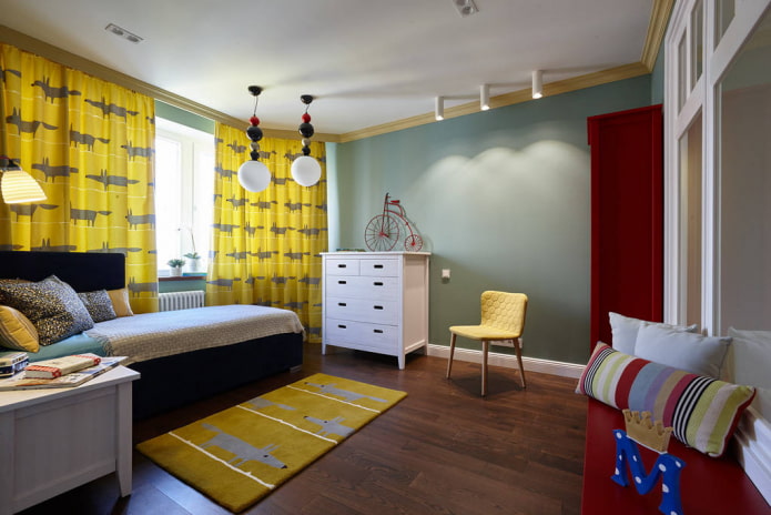 children's room with yellow decorative elements