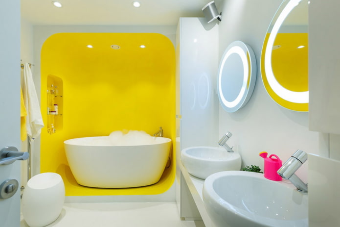 fürdőszoba futurisztikus stílusban, sárga fülkével