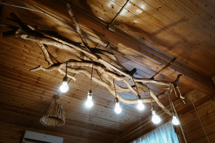 original wooden chandelier made of branches