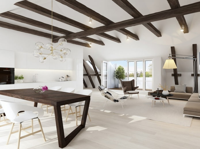 dark painted beams against a white ceiling