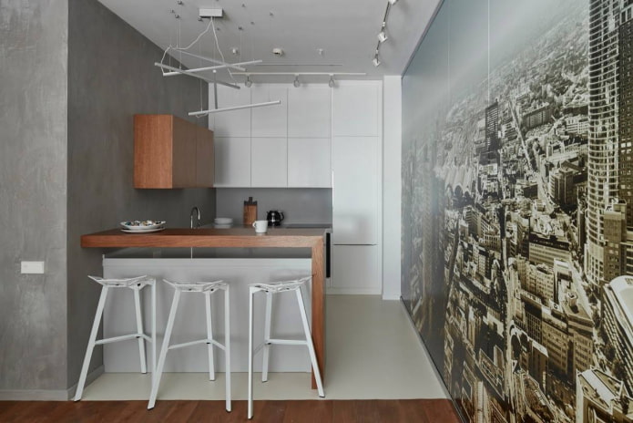 3D wallpaper in a small gray and white kitchen