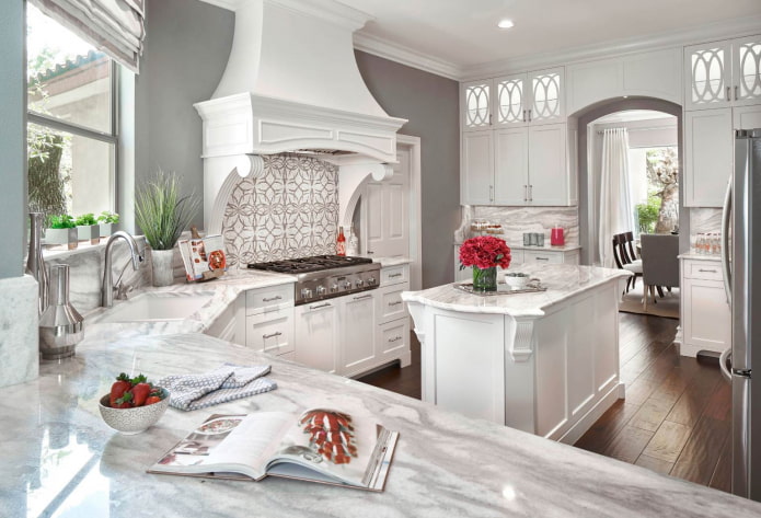 spacious classic kitchen with gray walls