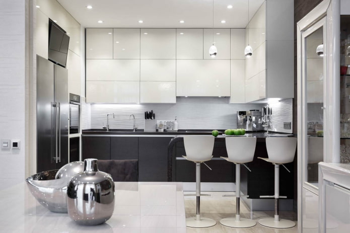 high-tech kitchen with white cabinets and gray cabinets