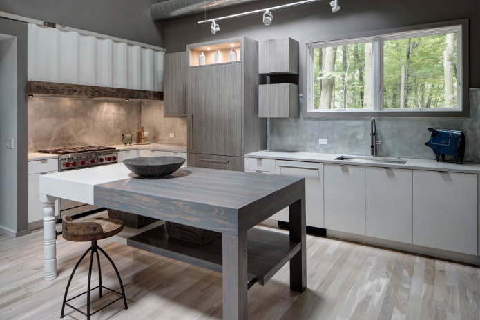 industrial style kitchen with gray cabinets and white cabinets