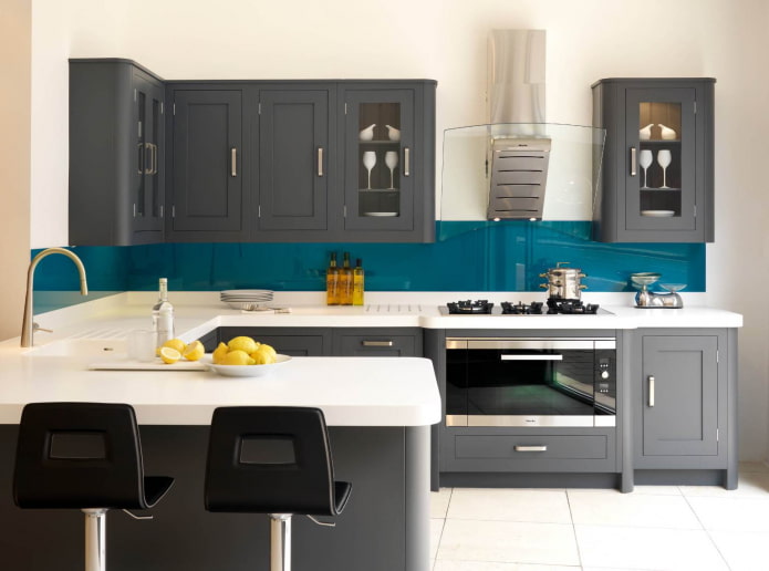 turquoise skins in a gray and white kitchen
