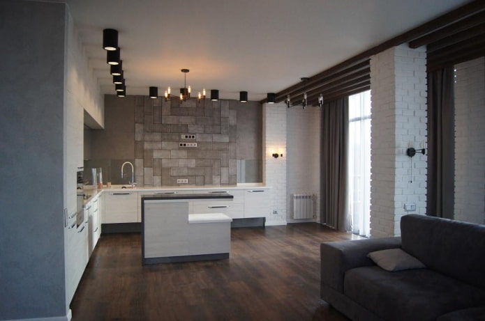 loft-style kitchen na may maraming uri ng brickwork