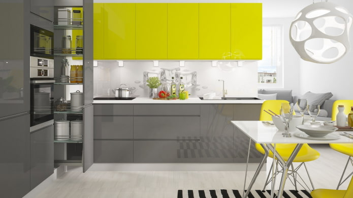 gelb-grau-weiße Hightech-Küche
