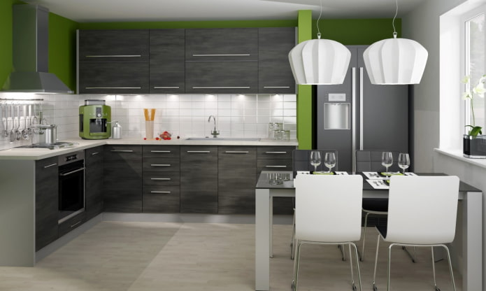kitchen in gray-white-green tones