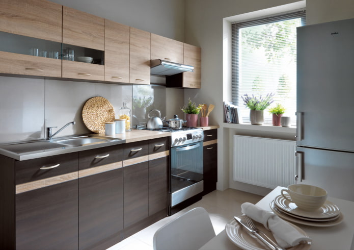 straight kitchen with wooden fronts