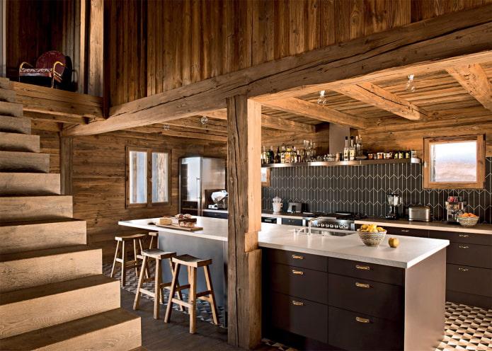 black kitchen set in a wooden house