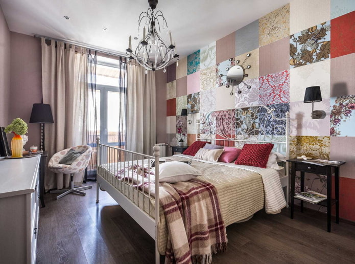 patchwork of wallpaper in the bedroom