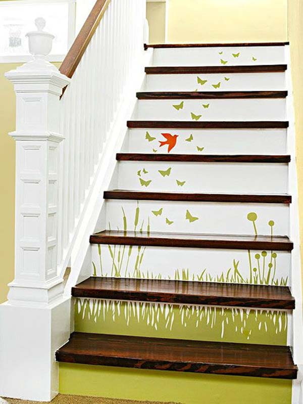 the steps of the stairs covered with wallpaper