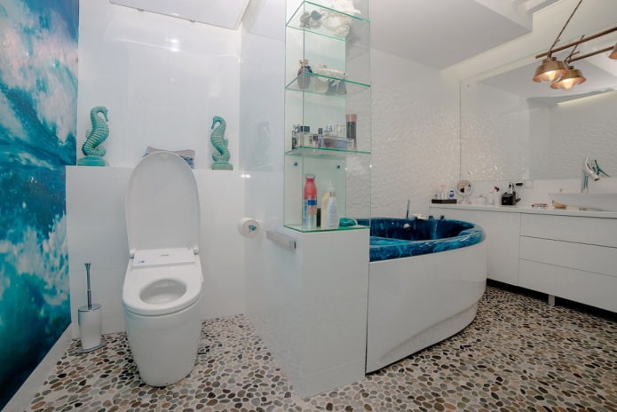 พื้นห้องน้ำทำด้วยหินก้อนเล็ก