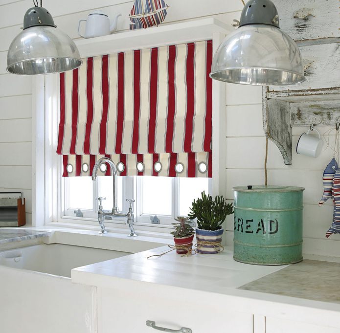 red and white roman shades