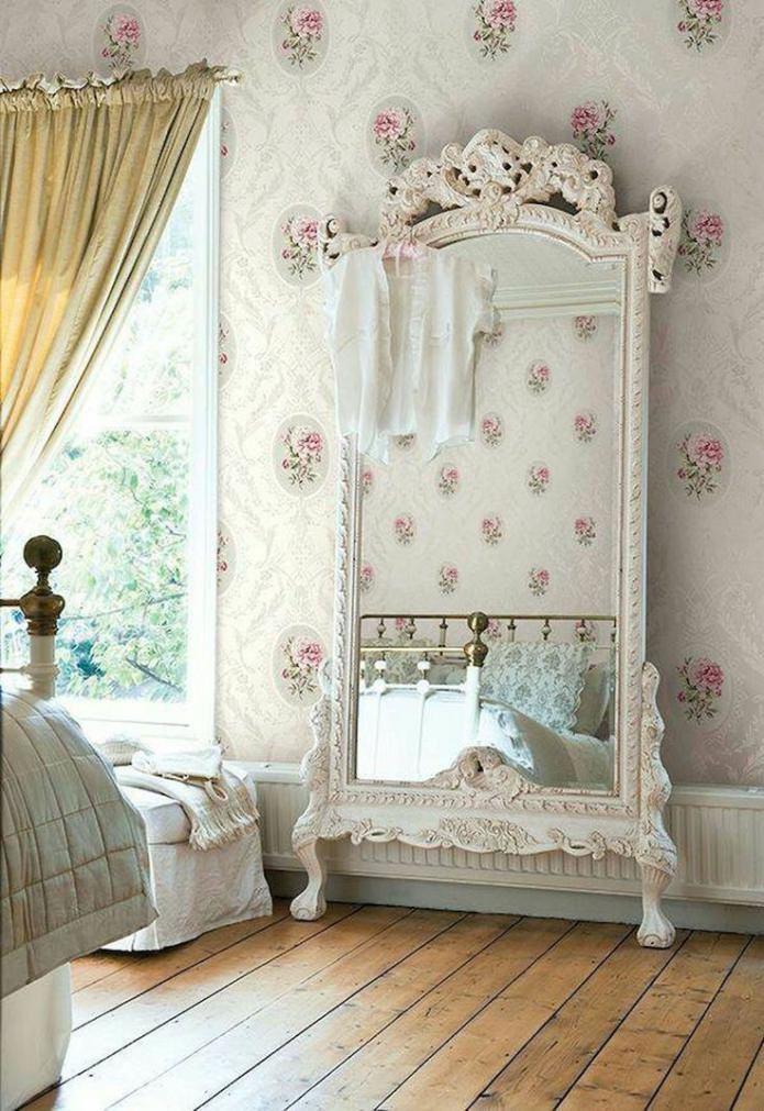 floral wallpaper, mirror in a beautiful frame