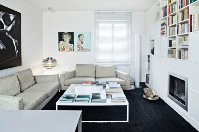 carpet in the interior of a black and white living room