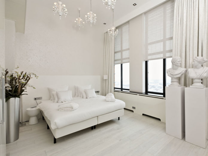 white wallpaper and white floor