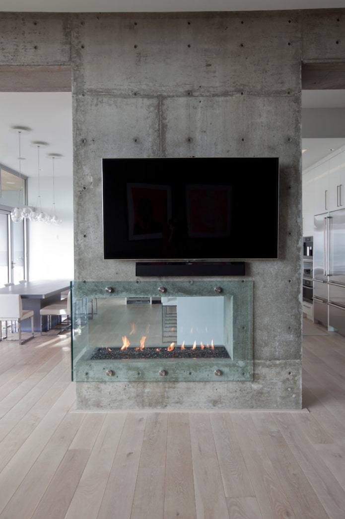 concrete wall with fireplace