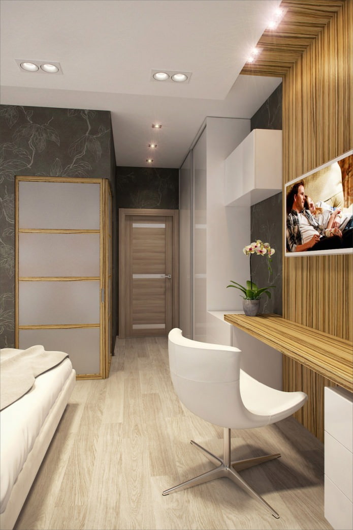 Schlafzimmer mit Arbeitsplatz im Design einer Wohnung von 58 qm. m.