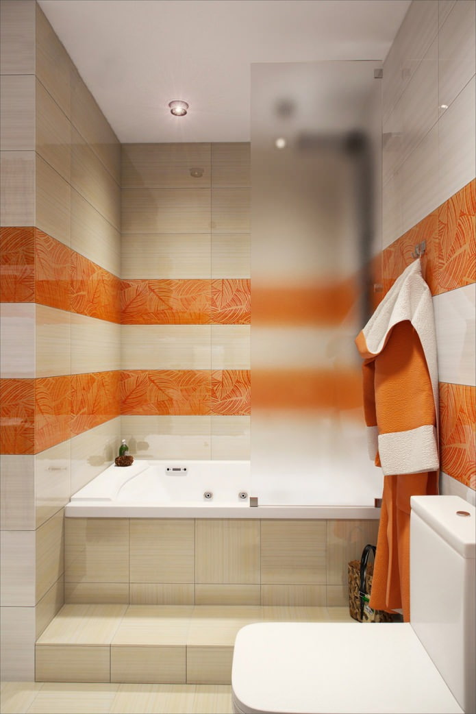 weißes und orangefarbenes Badezimmer im Design einer Wohnung von 58 qm. m.