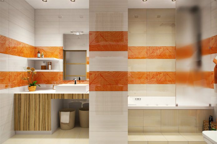 white and orange bathroom in the design of an apartment of 58 sq. m.