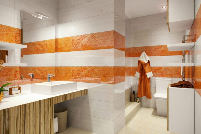 fehér és narancssárga fürdőszoba egy 58 nm-es lakás kialakításában. m.