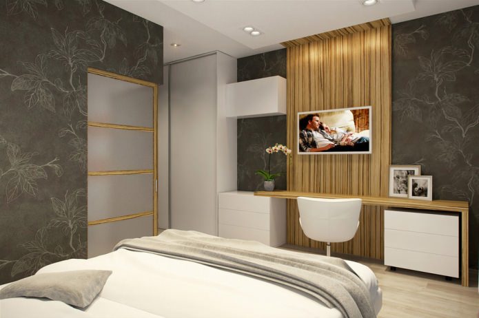 bedroom with a workplace in the design of an apartment of 58 sq. m.
