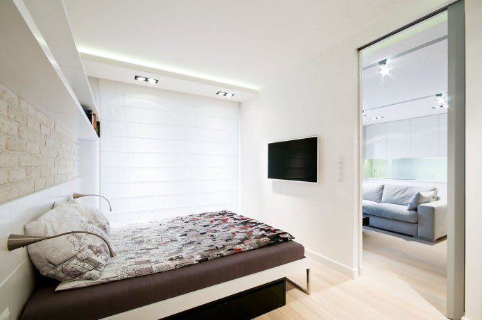 ห้องนอนในการออกแบบอพาร์ทเมนต์ในโทนสีอ่อน