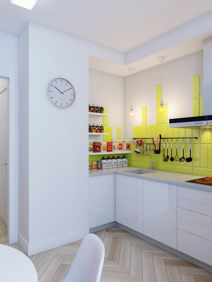 Küche in der Innenarchitektur einer 1-Zimmer-Wohnung von 37 qm. m.