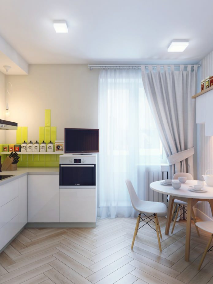 Küche in der Innenarchitektur einer 1-Zimmer-Wohnung von 37 qm. m.