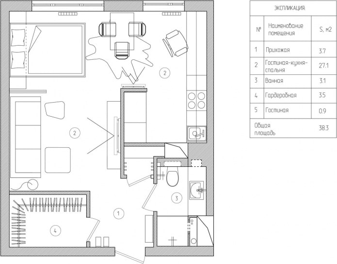 interior layout of a one-room apartment of 39 sq. m.