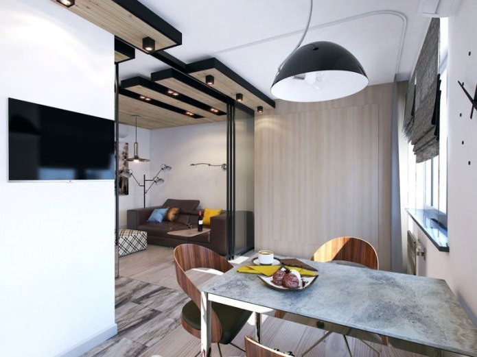 the interior of a one-room apartment of 39 sq. m.