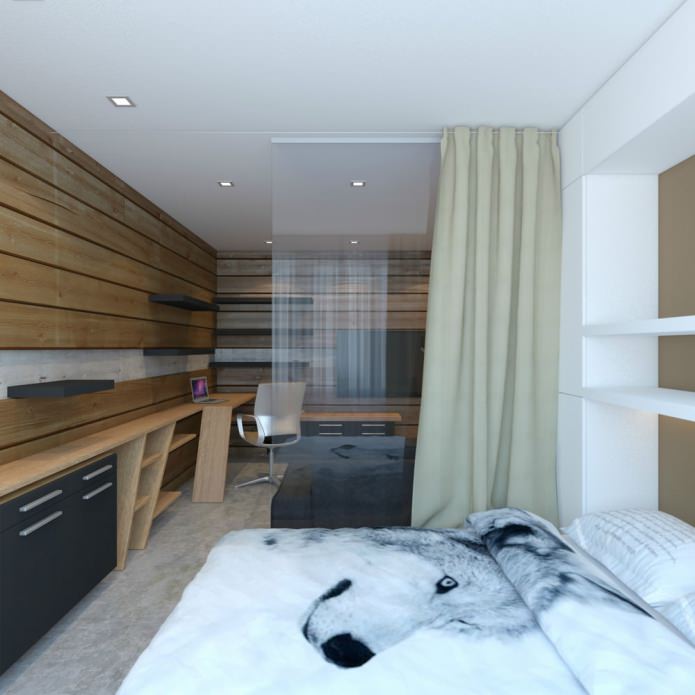bedroom in the design of a studio apartment of 33 sq. m.
